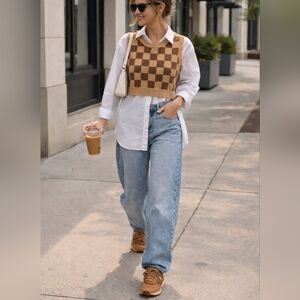 Princess Polly Checkerboard Sweater Vest M/L | Brown Tan Knit Crop Top | Y2K